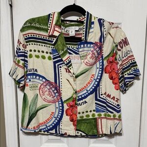 Rachel Zoe Multicolor Linen Blend Graphic Button Down Shirt Large